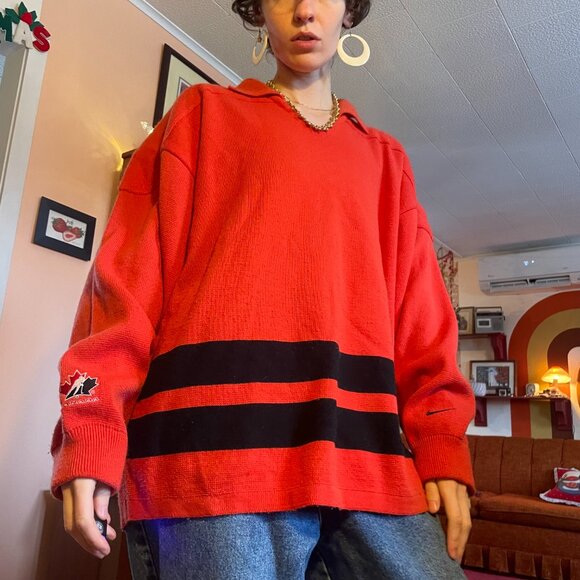 1990s Nike Team Canada 100% Acrylic collared striped hockey sweater! - Picture 2 of 16